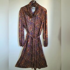 Vintage 70s 80s Anthony Richards Secretary Dress Paisley Sz 14 Brown and Purple
